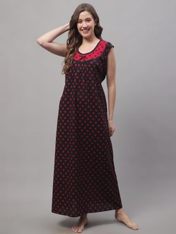 Secret Wish - Women's Black Cotton Nighty With Polka Dot Print