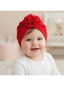 Polka Tots - Textured Knit Fabric Flower Cap Baby Girls - Red (1-2 Years)