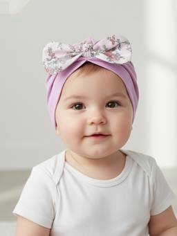 Polka Tots - Lycra Floral Print Bow Cap Baby Girls - Lavender (1-2 Years)