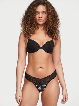 Victoria's Secret - Black Lace-Waist Cotton Thong Panty