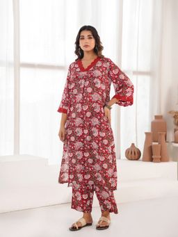 GOODHAND - Women's Pure Cotton Block Printed Kurta With Palazzo & Dupatta