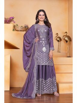 Anveri Textiles - Women's Purple Embroidered Kurta With Sharara & Dupatta