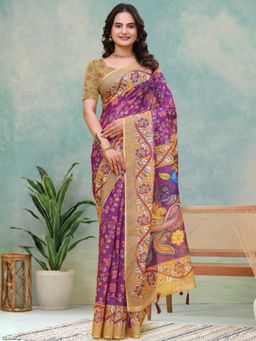 Odette - Purple Cotton Printed Saree with Unstitched Blouse