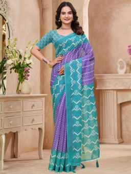 Odette - Blue & Purple Cotton Printed Saree with Unstitched Blouse