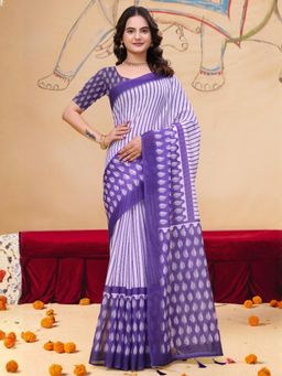 Odette - Lavender & Purple Cotton Printed Saree with Unstitched Blouse