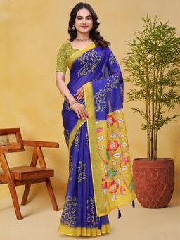 Odette - Royal Blue Cotton Printed Saree with Unstitched Blouse