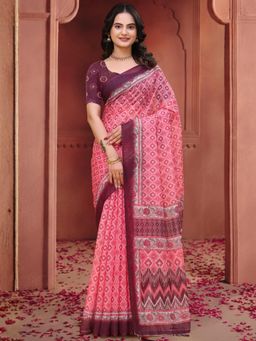 Odette - Rose Pink Cotton Printed Saree with Unstitched Blouse