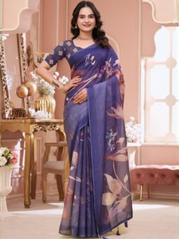 Odette - Royal Blue Cotton Printed Saree with Unstitched Blouse