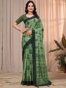 Odette - Light Green Cotton Printed Saree with Unstitched Blouse
