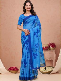 Odette - Sky Blue Cotton Printed Saree with Unstitched Blouse