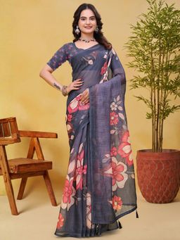 Odette - Grey Cotton Printed Saree with Unstitched Blouse