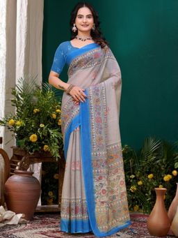 Odette - Light Grey Cotton Printed Saree with Unstitched Blouse