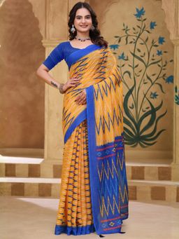 Odette - Mustard Yellow Cotton Printed Saree with Unstitched Blouse