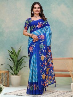 Odette - Sky Blue & Royal Blue Cotton Printed Saree with Unstitched Blouse