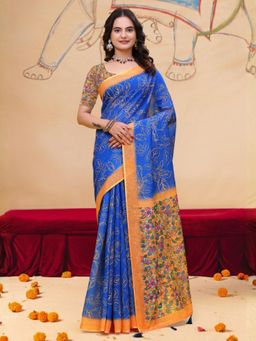 Odette - Royal Blue & Gold Cotton Printed Saree with Unstitched Blouse