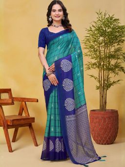 Odette - Teal Green & Royal Blue Cotton Printed Saree with Unstitched Blouse