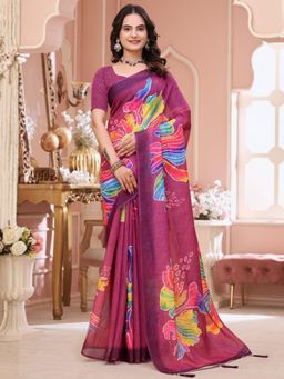 Odette - Magenta Cotton Printed Saree with Unstitched Blouse
