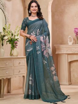 Odette - Teal Cotton Printed Saree with Unstitched Blouse