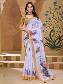 Odette - White & Gold Cotton Printed Saree with Unstitched Blouse