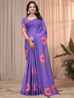 Odette - Purple Cotton Printed Saree with Unstitched Blouse
