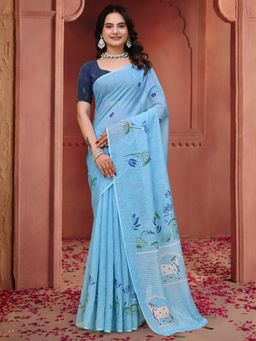 Odette - Sky Blue Cotton Printed Saree with Unstitched Blouse