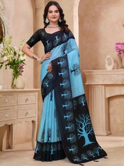 Odette - Sky Blue & Black Cotton Printed Saree with Unstitched Blouse