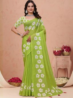 Odette - Lime Green Cotton Printed Saree with Unstitched Blouse