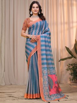 Odette - Dusty Blue & Peach Cotton Printed Saree with Unstitched Blouse