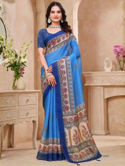 Odette - Blue Cotton Printed Saree with Unstitched Blouse