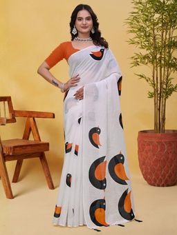 Odette - White Cotton Printed Saree with Unstitched Blouse