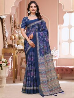 Odette - Navy Blue Cotton Printed Saree with Unstitched Blouse