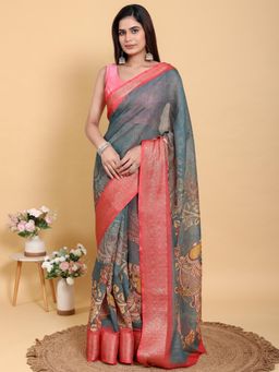 Odette - Grey Cotton Printed Saree with Unstitched Blouse