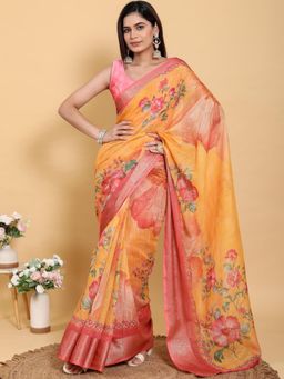 Odette - Mustard Yellow & Pink Cotton Printed Saree with Unstitched Blouse