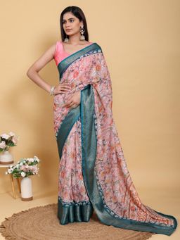 Odette - Peach & Teal Blue Cotton Printed Saree with Unstitched Blouse