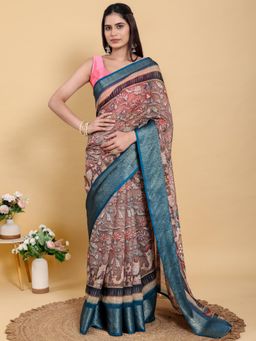 Odette - Brown & Teal Blue Cotton Printed Saree with Unstitched Blouse