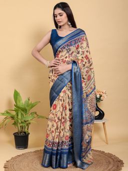 Odette - Cream & Blue Cotton Printed Saree with Unstitched Blouse