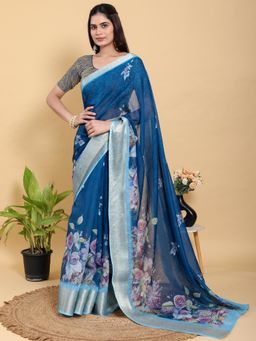 Odette - Navy Blue Cotton Printed Saree with Unstitched Blouse