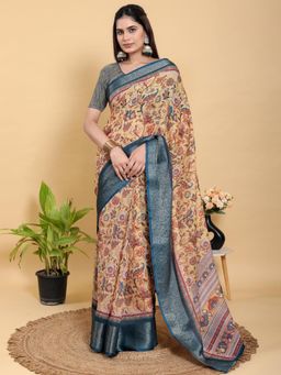 Odette - Cream & Teal Cotton Printed Saree with Unstitched Blouse
