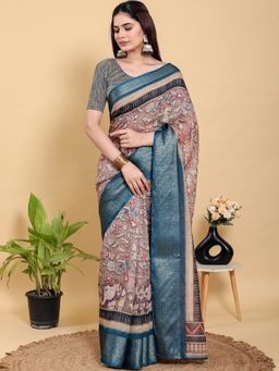 Odette - Brown & Teal Blue Cotton Printed Saree with Unstitched Blouse