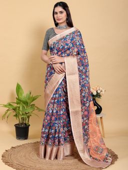 Odette - Royal Blue Cotton Printed Saree with Unstitched Blouse