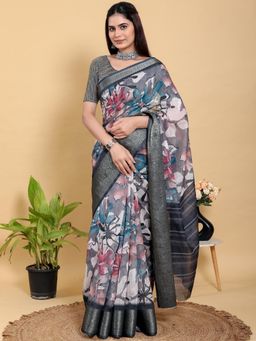 Odette - Grey Cotton Printed Saree with Unstitched Blouse