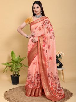 Odette - Peach Cotton Printed Saree with Unstitched Blouse