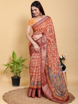 Odette - Rust Red Cotton Printed Saree with Unstitched Blouse