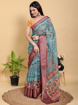 Odette - Blue Cotton Printed Saree with Unstitched Blouse