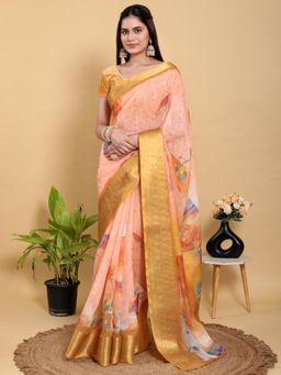Odette - Peach Cotton Printed Saree with Unstitched Blouse