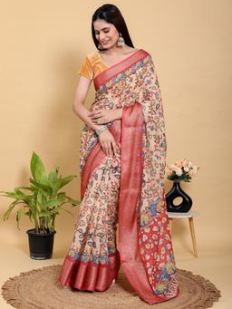 Odette - Beige Cotton Printed Saree with Unstitched Blouse