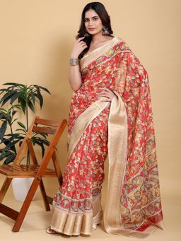 Odette - Orange Cotton Printed Saree with Unstitched Blouse
