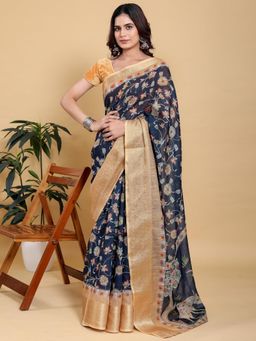Odette - Navy Blue Cotton Printed Saree with Unstitched Blouse