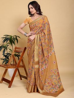 Odette - Mustard Cotton Printed Saree with Unstitched Blouse