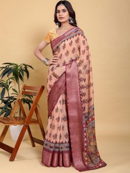 Odette - Peach Cotton Printed Saree with Unstitched Blouse
